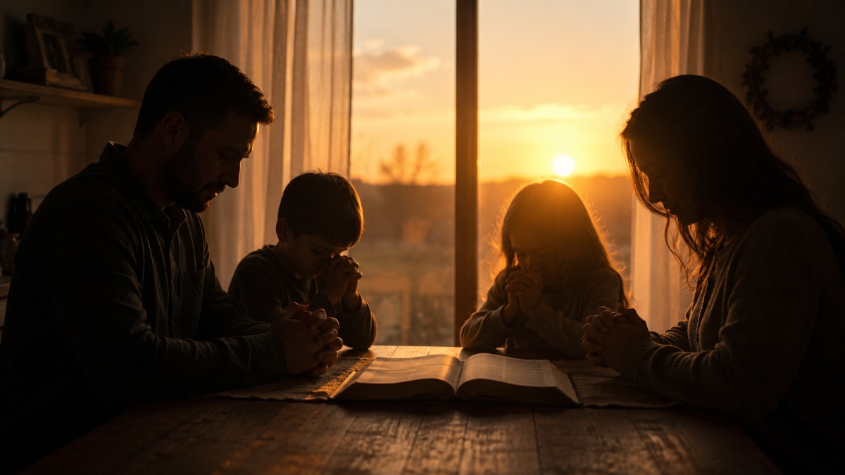 Fé em família, família reunida à mesa com a Bíblia