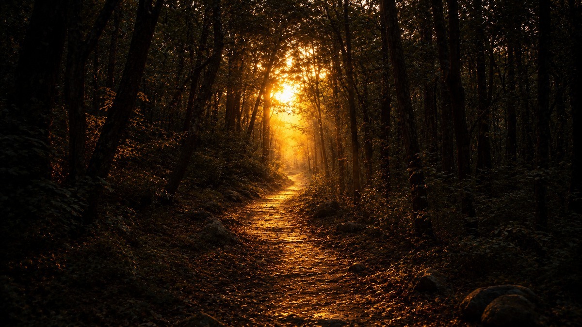 Trilha estreita atravessando uma floresta densa ao entardecer, com luz dourada ao fundo do caminho