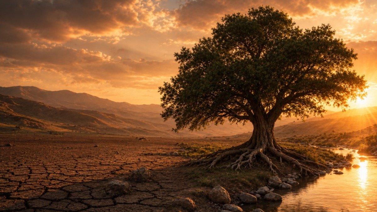 Árvore de raízes profundas junto ao riacho em meio à terra seca, imagem de Jeremias 17 sobre confiar no Senhor