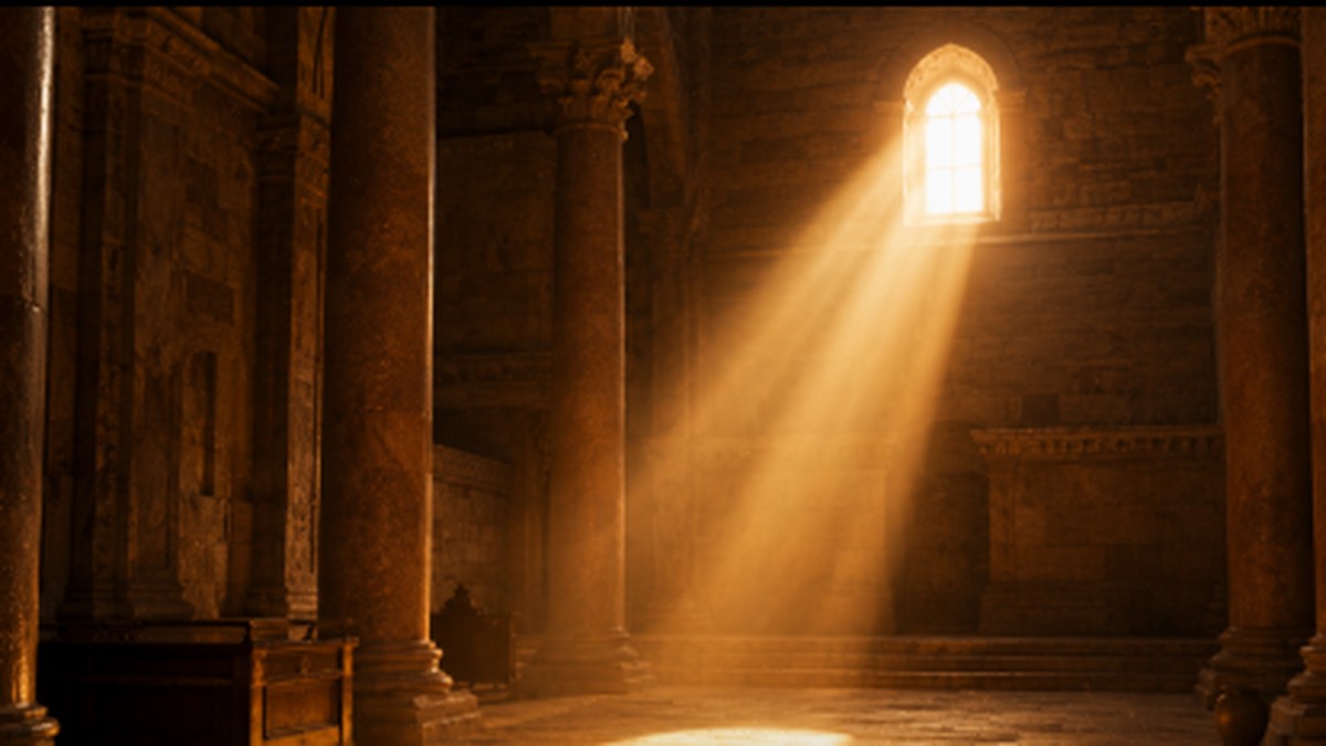 Interior de templo antigo de pedra iluminado por um feixe de luz dourada, simbolizando a expiacao