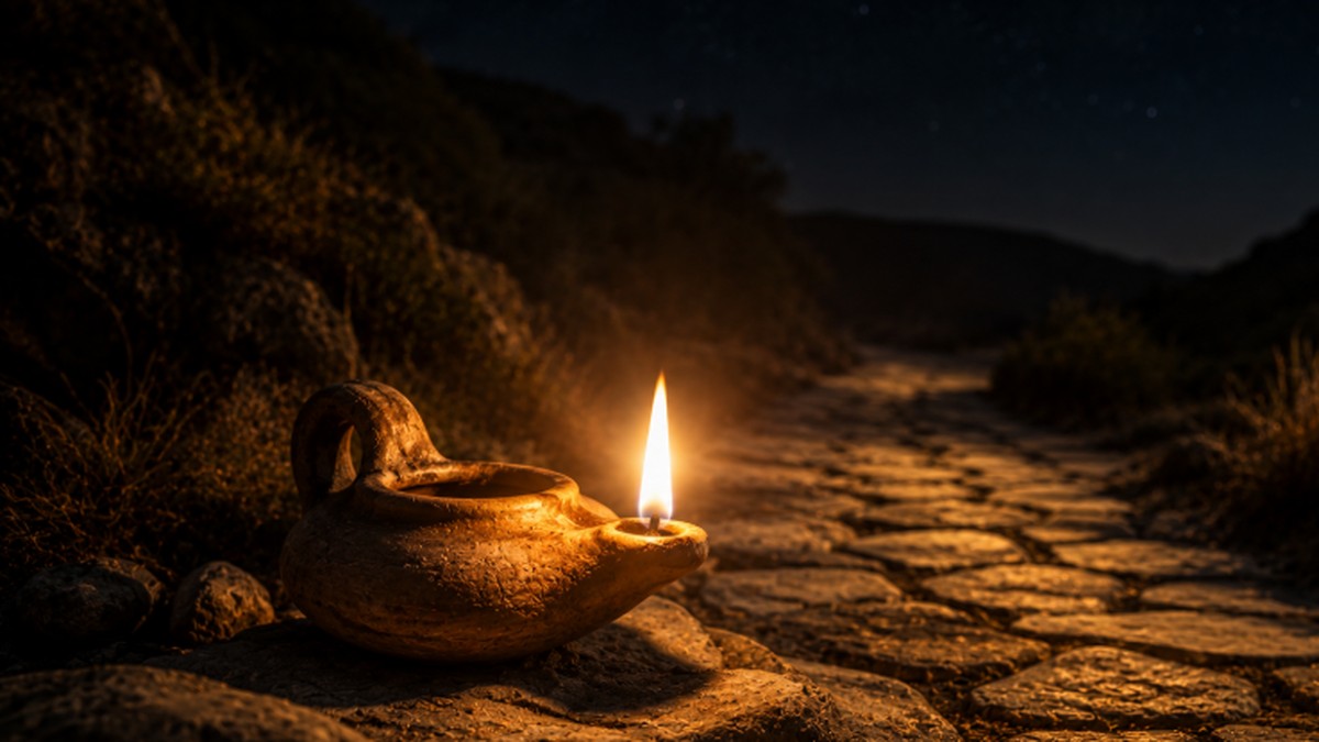 Lâmpada de barro antiga acesa iluminando um caminho de pedras à noite, imagem do Salmo 119.105