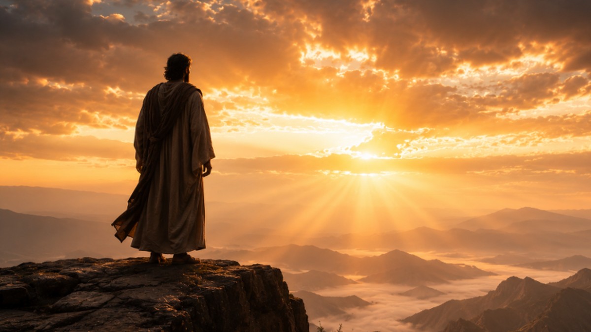 Pessoa em pé sobre uma rocha ao amanhecer olhando o horizonte dourado, imagem do justo que vive pela fé