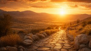 Caminho de pedra antigo atravessando um vale rumo a um pôr do sol dourado, simbolizando o retorno a Deus