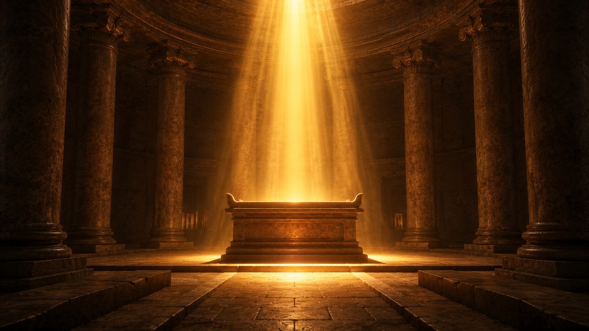 Interior de templo antigo com um altar iluminado por um forte feixe de luz dourada, remetendo ao propiciatorio