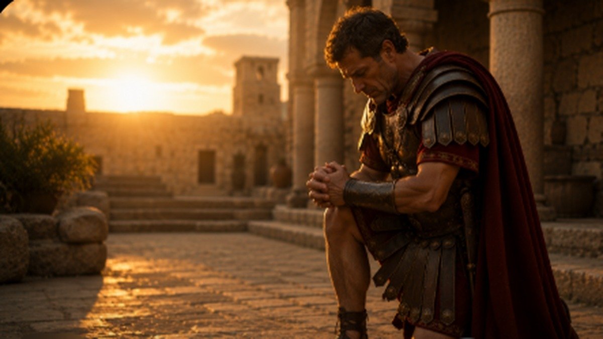 Centurião romano de armadura ajoelhado em oração num pátio antigo ao entardecer, representando Cornélio