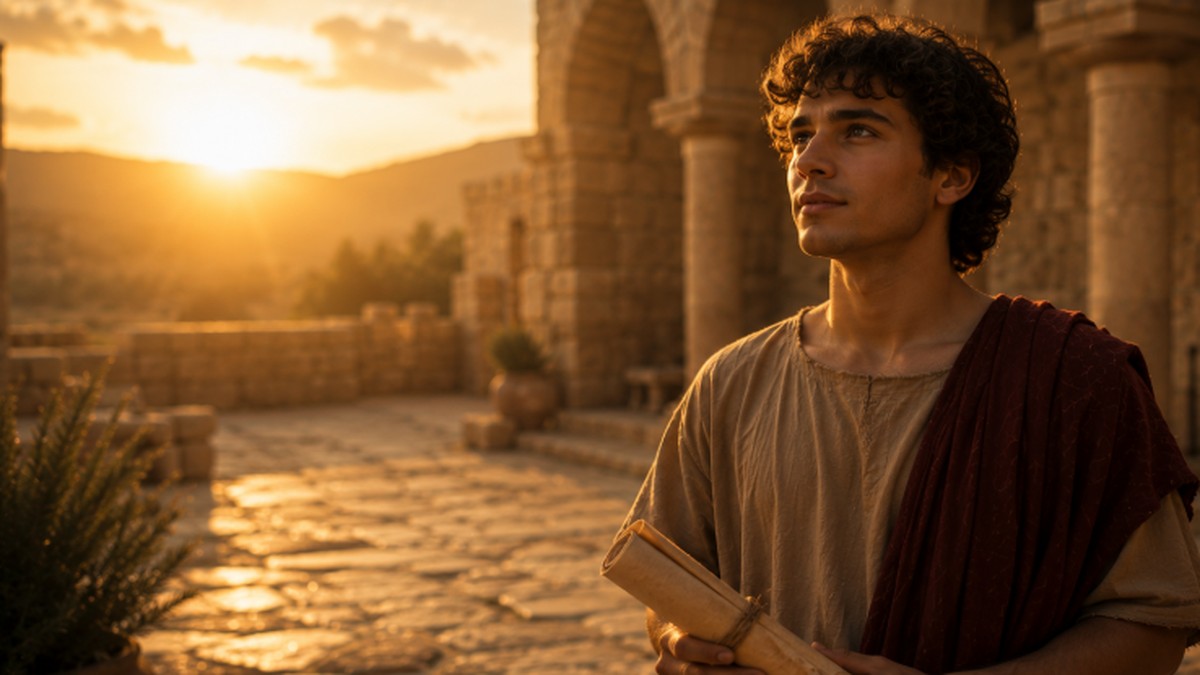Jovem de túnica romana segurando um pergaminho num pátio antigo ao entardecer, representando Onésimo